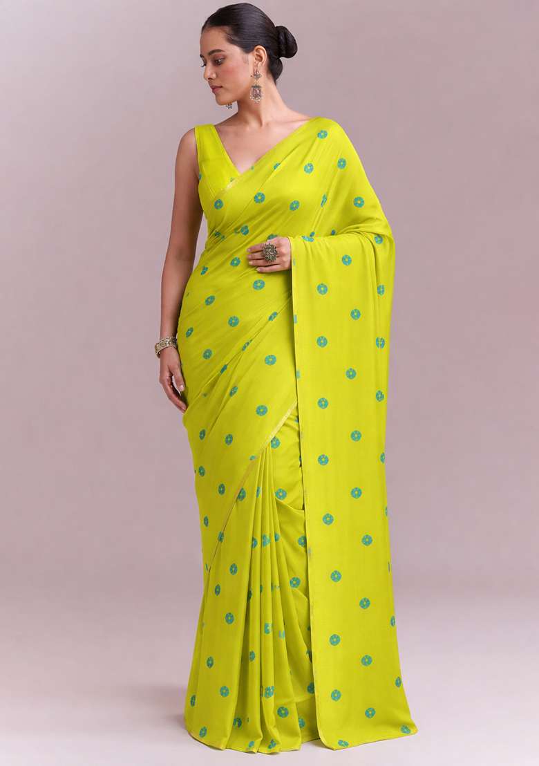Lime Green Printed Satin Pre Draped Saree Set - Indya