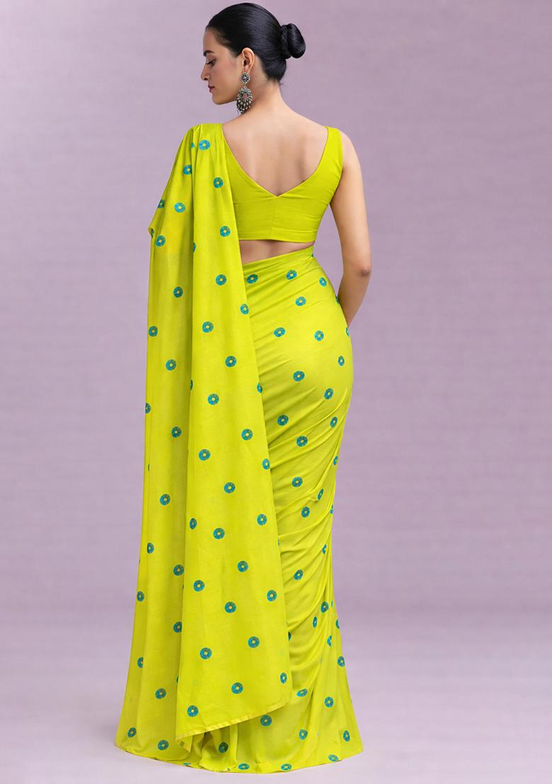 Lime Green Printed Satin Pre Draped Saree Set - Indya
