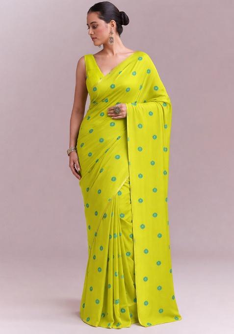Lime Green Printed Satin Pre Draped Saree Set