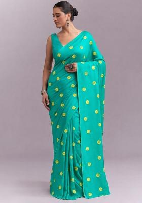 Teal Blue Printed Satin Pre Draped Saree Set