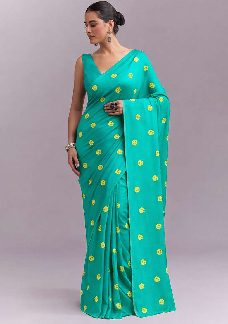Teal Blue Printed Satin Pre Draped Saree Set - Indya