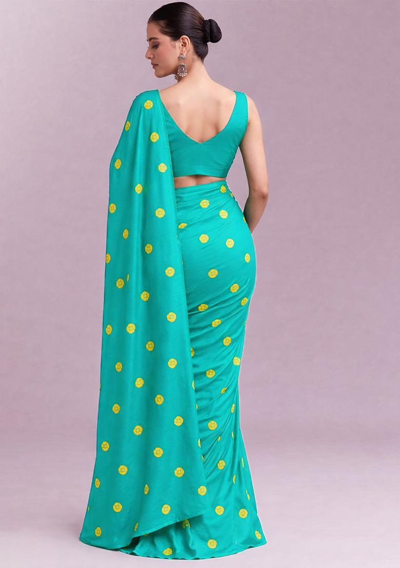 Teal Blue Printed Satin Pre Draped Saree Set - Indya