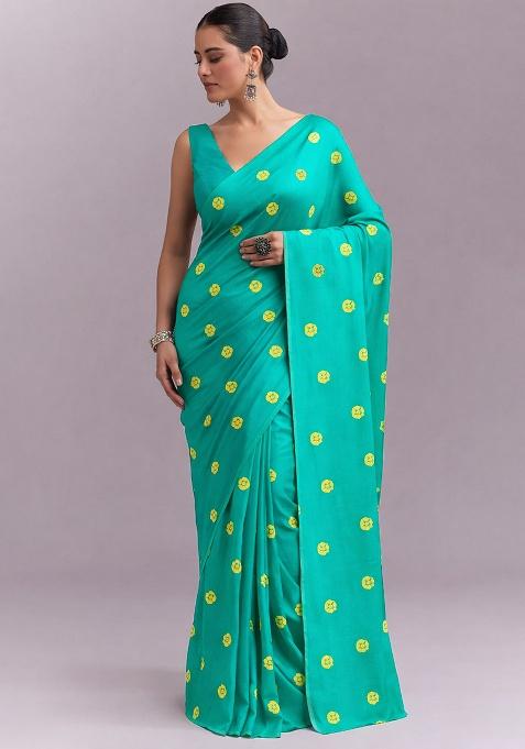Teal Blue Printed Satin Pre Draped Saree Set
