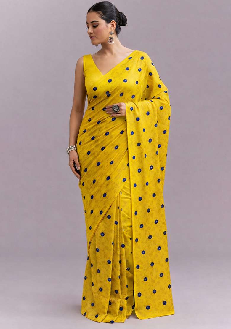 Yellow Printed Satin Pre Draped Saree Set - Indya