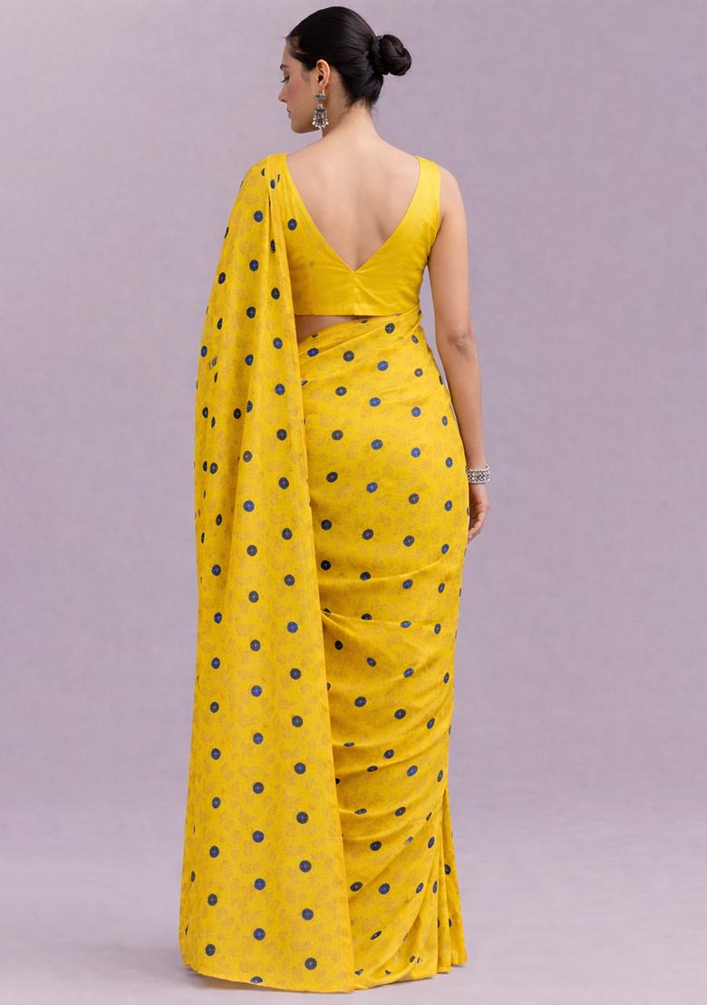 Yellow Printed Satin Pre Draped Saree Set - Indya
