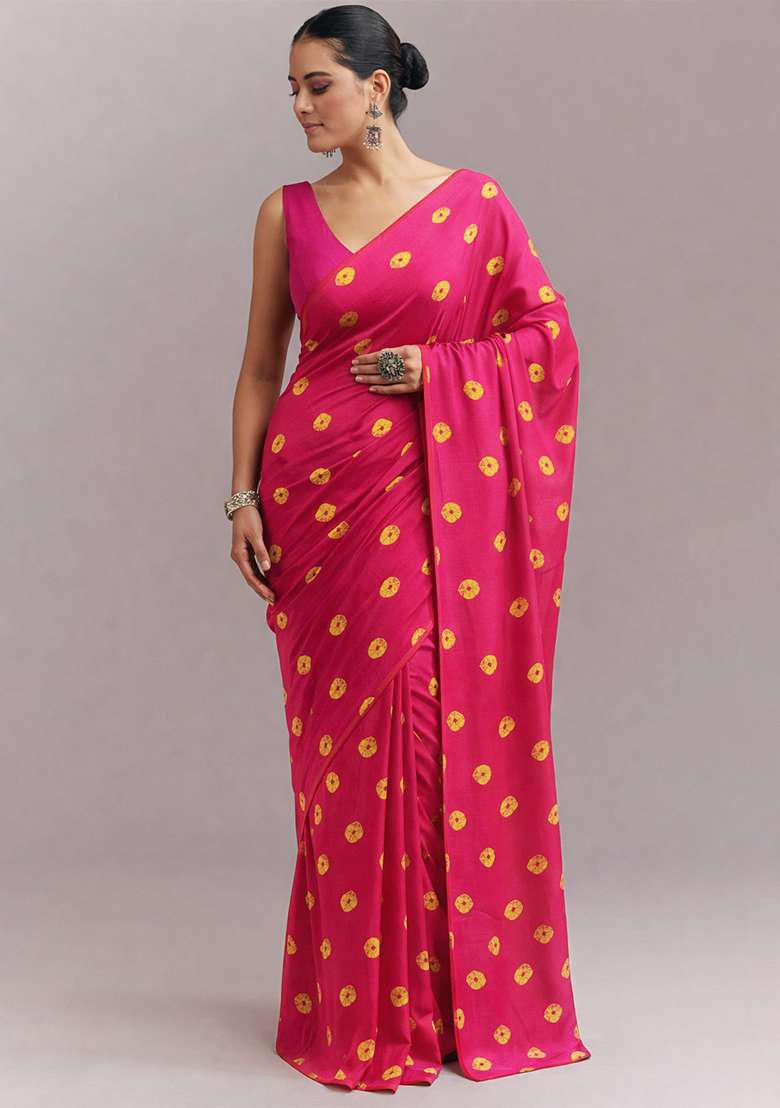 Rani Pink Printed Satin Pre Draped Saree Set - Indya
