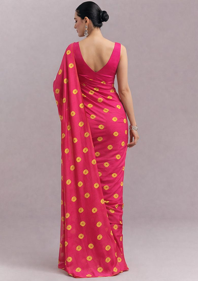 Rani Pink Printed Satin Pre Draped Saree Set - Indya