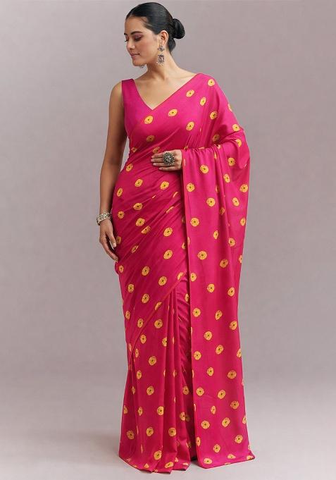 Rani Pink Printed Satin Pre Draped Saree Set
