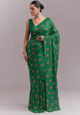 Dark Green Printed Satin Pre Draped Saree Set