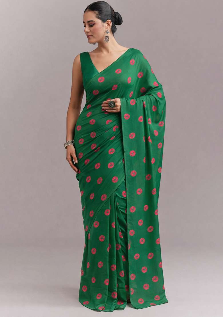 Dark Green Printed Satin Pre Draped Saree Set - Indya