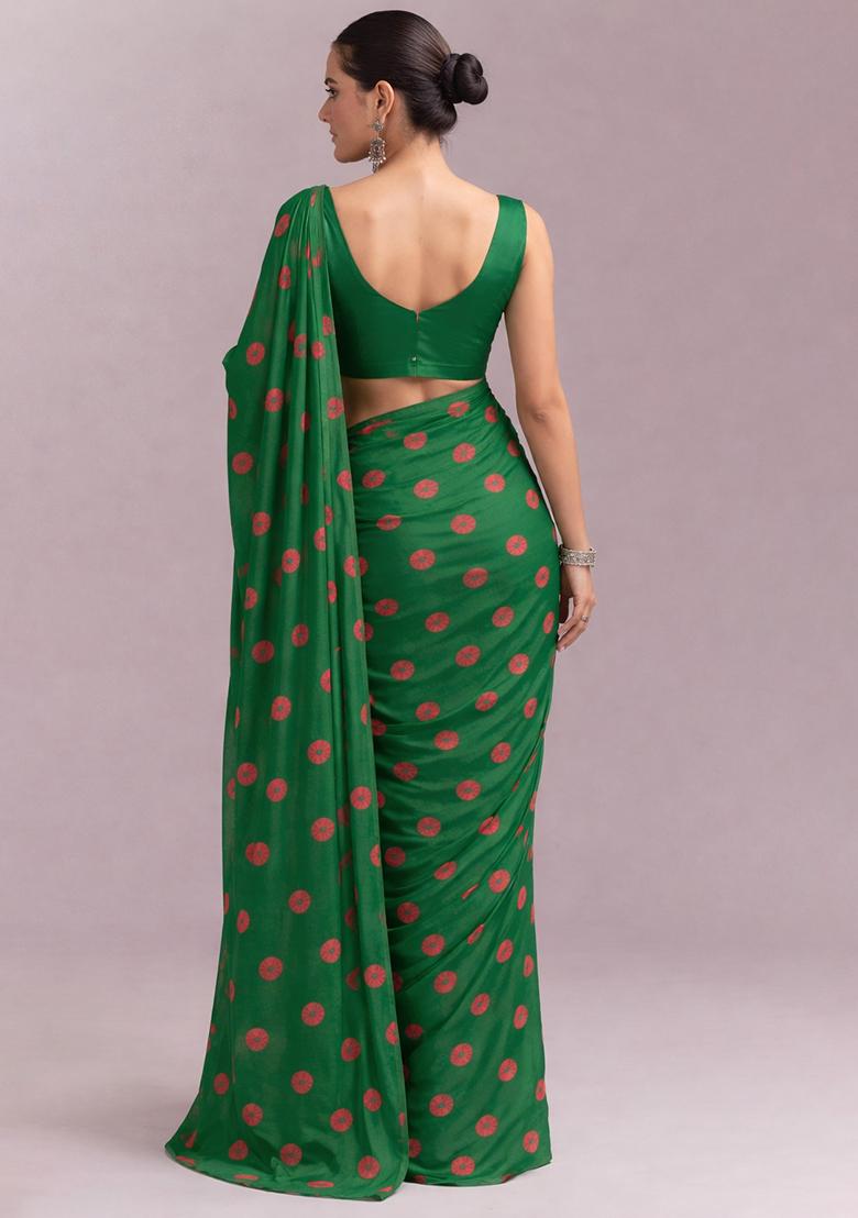 Dark Green Printed Satin Pre Draped Saree Set - Indya