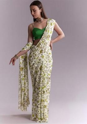 Olive Green Floral Print Crepe Pre Draped Saree Set