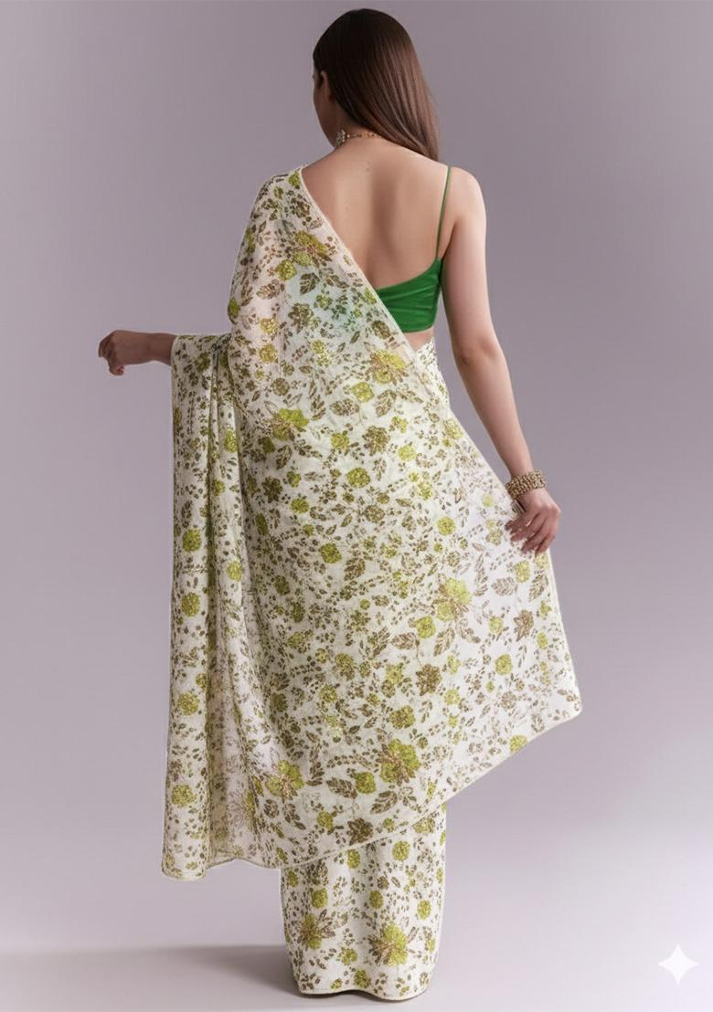 Olive Green Floral Print Crepe Pre Draped Saree Set - Indya