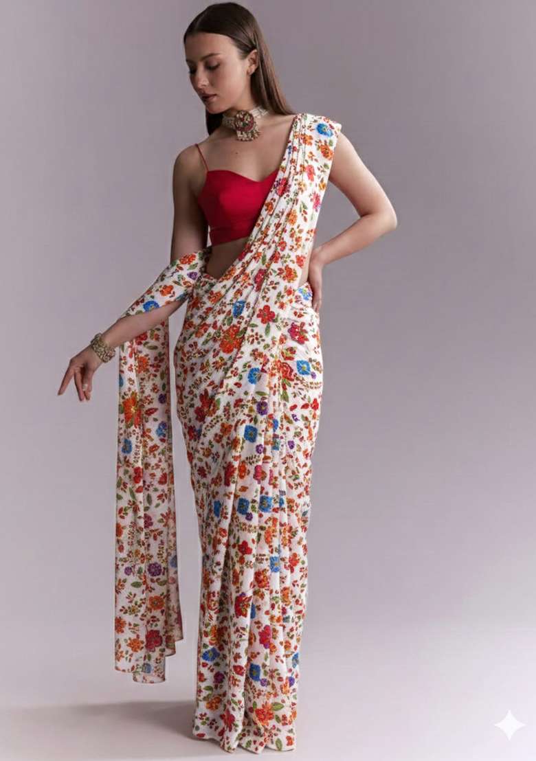 Multicolor Floral Print Crepe Pre Draped Saree Set - Indya
