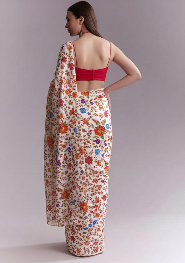 Multicolor Floral Print Crepe Pre Draped Saree Set - Indya