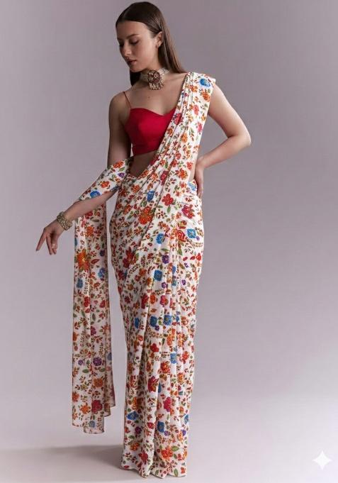 Multicolor Floral Print Crepe Pre Draped Saree Set
