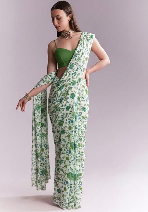 Green Floral Print Crepe Pre Draped Saree Set