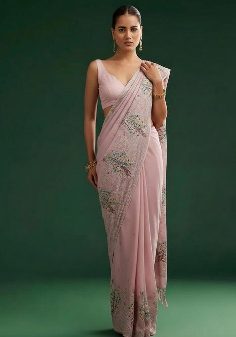 Baby Pink Embroidered Silk Pre Draped Saree Set