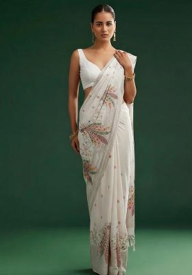 Ivory Embroidered Silk Pre Draped Saree Set