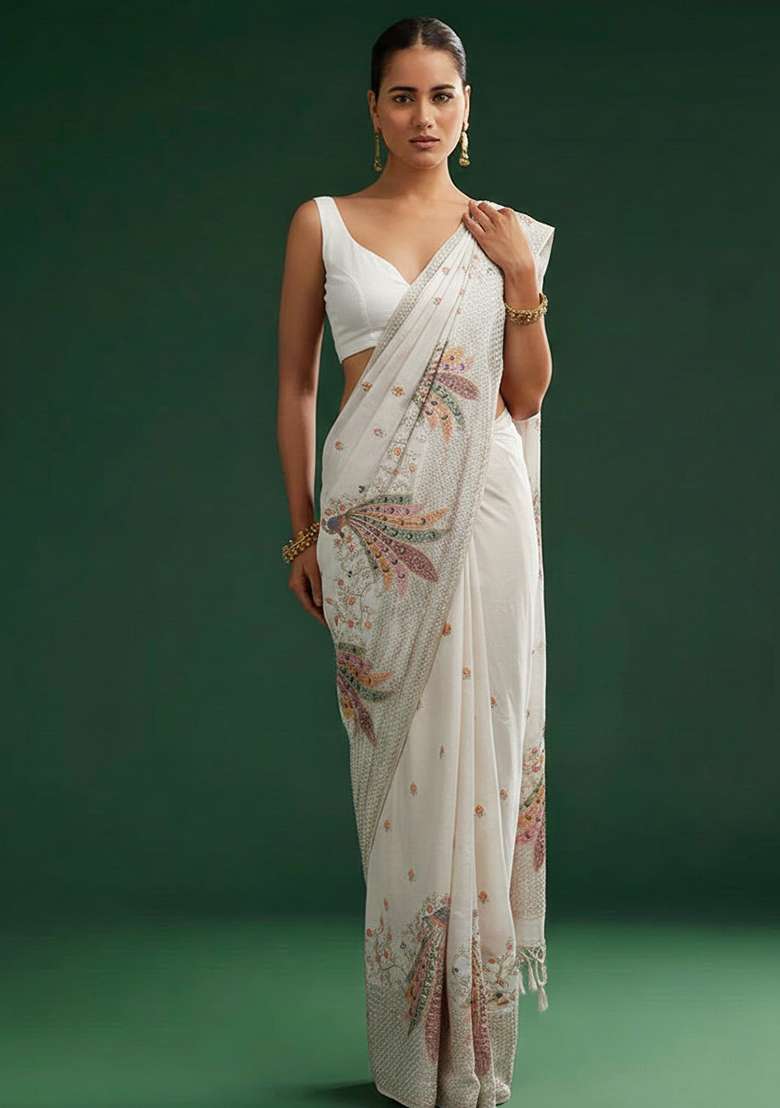Ivory Embroidered Silk Blend Pre Draped Saree Set - Indya