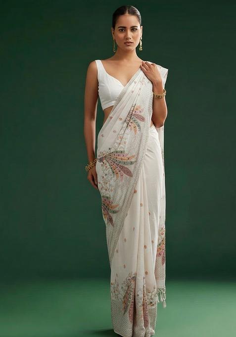 Ivory Embroidered Silk Pre Draped Saree Set