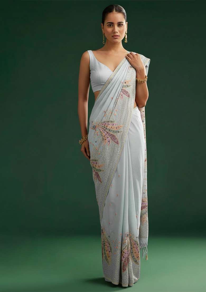 Ice Blue Embroidered Silk Blend Pre Draped Saree Set - Indya
