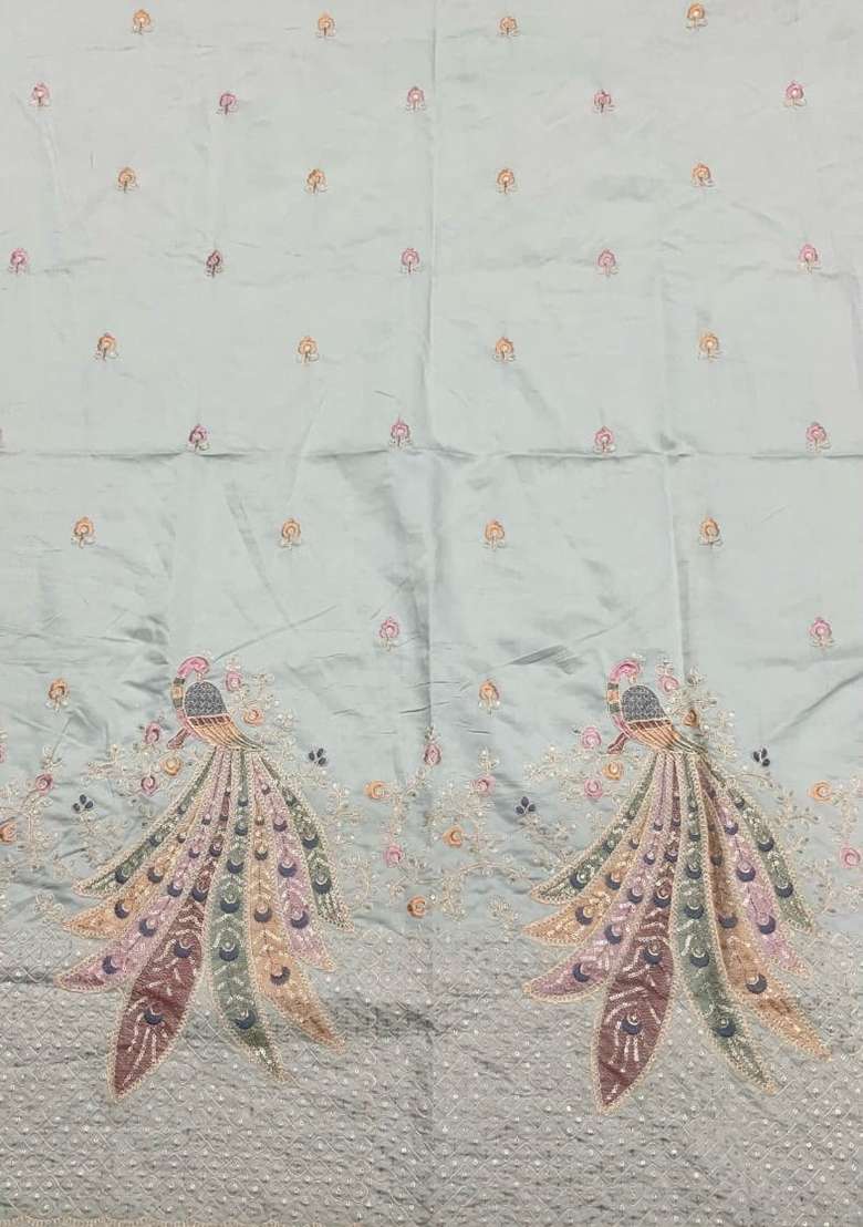 Ice Blue Embroidered Silk Blend Pre Draped Saree Set - Indya
