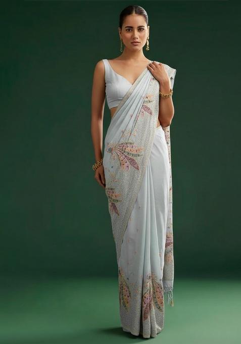Ice Blue Embroidered Silk Pre Draped Saree Set