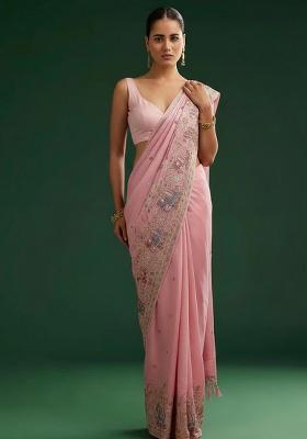 Blush Pink Embroidered Silk Pre Draped Saree Set