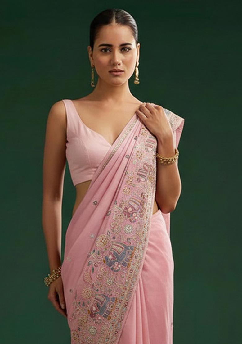 Blush Pink Embroidered Silk Pre Draped Saree Set - Indya