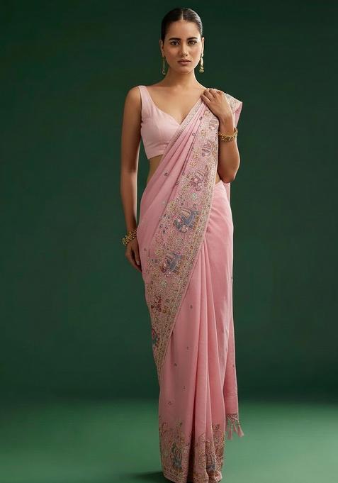 Blush Pink Embroidered Silk Pre Draped Saree Set