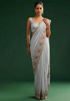 Powder Blue Embroidered Silk Pre Draped Saree Set