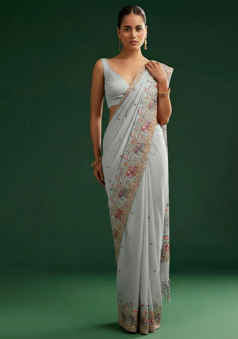 Powder Blue Embroidered Silk Blend Pre Draped Saree Set - Indya