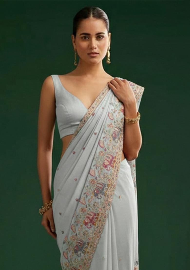 Powder Blue Embroidered Silk Pre Draped Saree Set - Indya