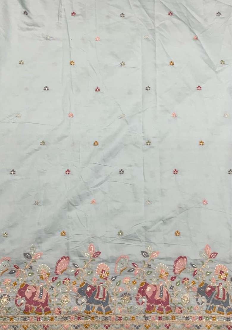 Powder Blue Embroidered Silk Blend Pre Draped Saree Set - Indya