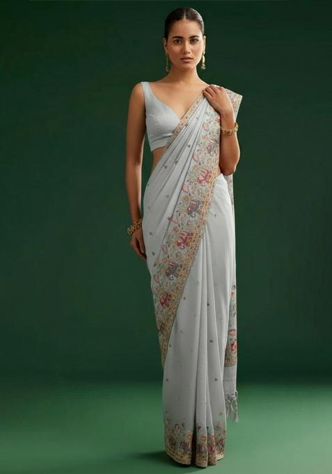 Powder Blue Embroidered Silk Pre Draped Saree Set