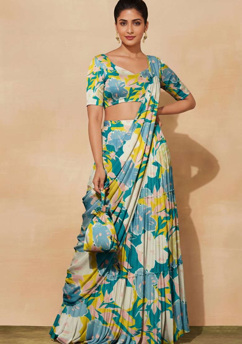 Aqua Blue Floral Print Satin Pre Draped Saree Set - Indya