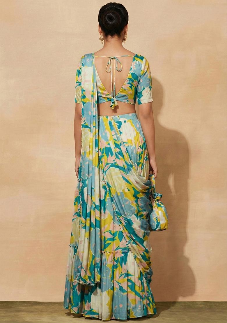 Aqua Blue Floral Print Satin Pre Draped Saree Set - Indya