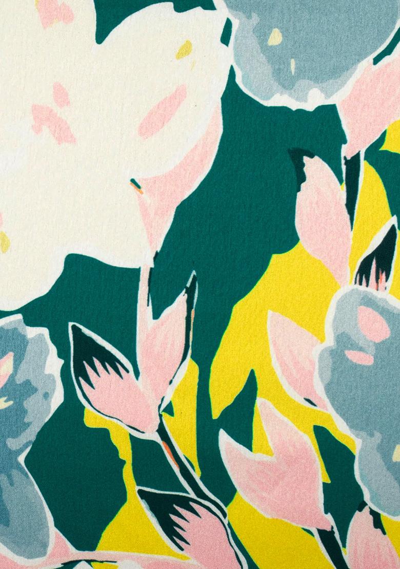 Aqua Blue Floral Print Satin Pre Draped Saree Set - Indya