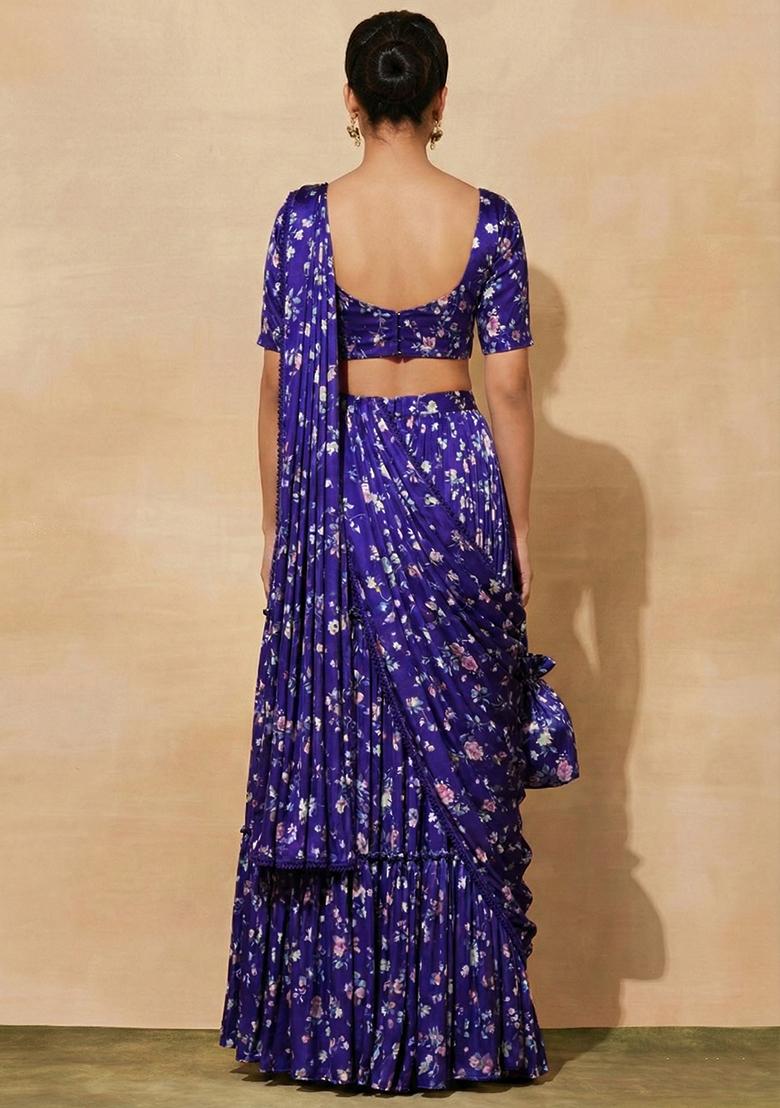 Purple Floral Print Satin Pre Draped Saree Set - Indya