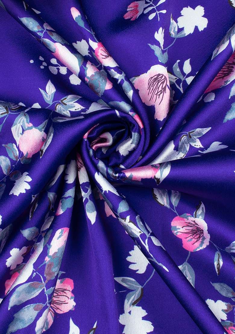 Purple Floral Print Satin Pre Draped Saree Set - Indya