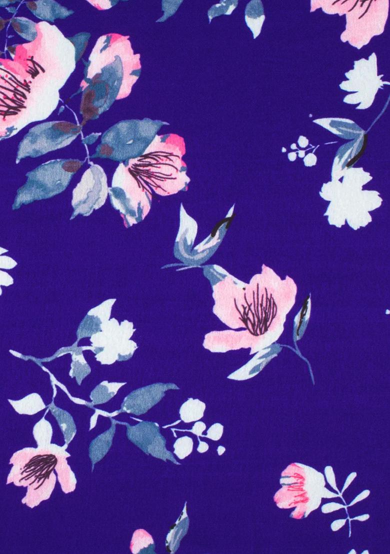 Purple Floral Print Satin Pre Draped Saree Set - Indya