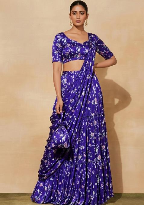 Purple Floral Print Satin Pre Draped Saree Set