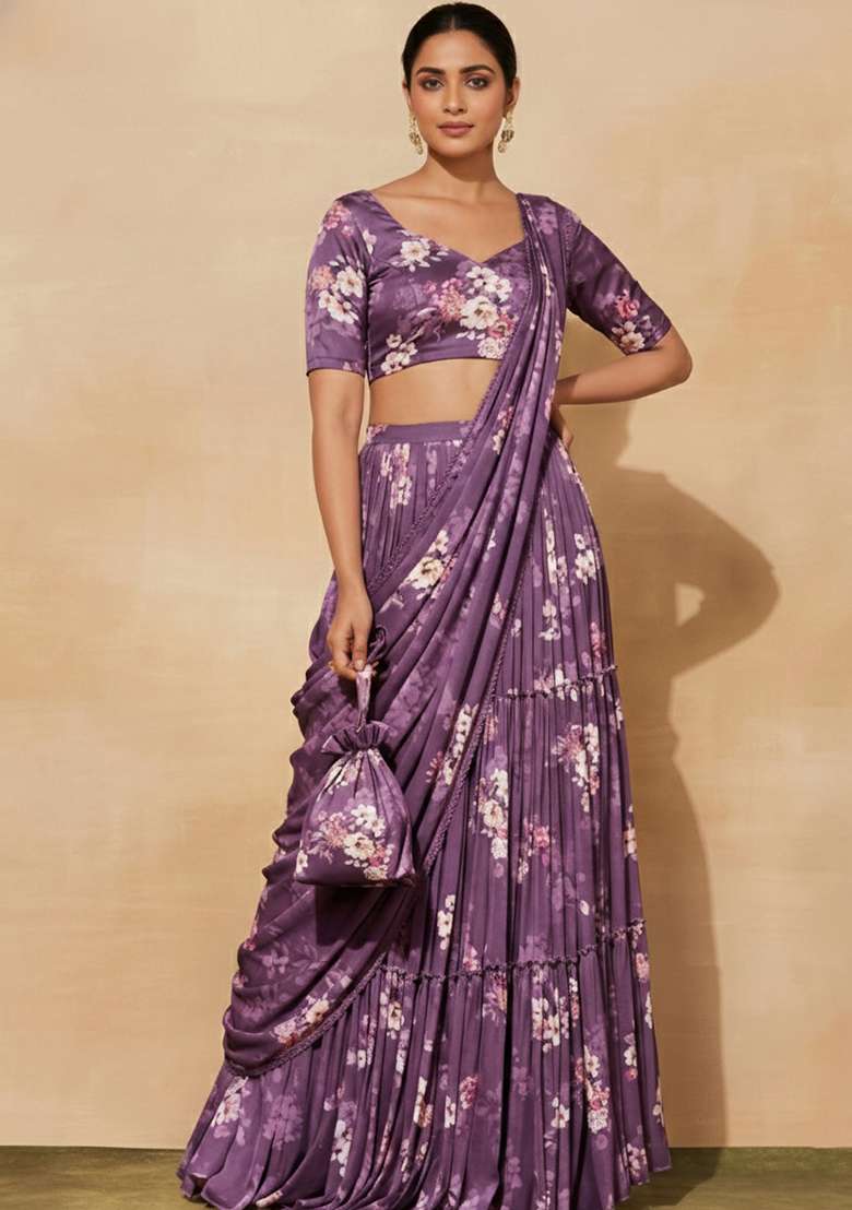 Purple Floral Print Satin Pre Draped Saree Set - Indya