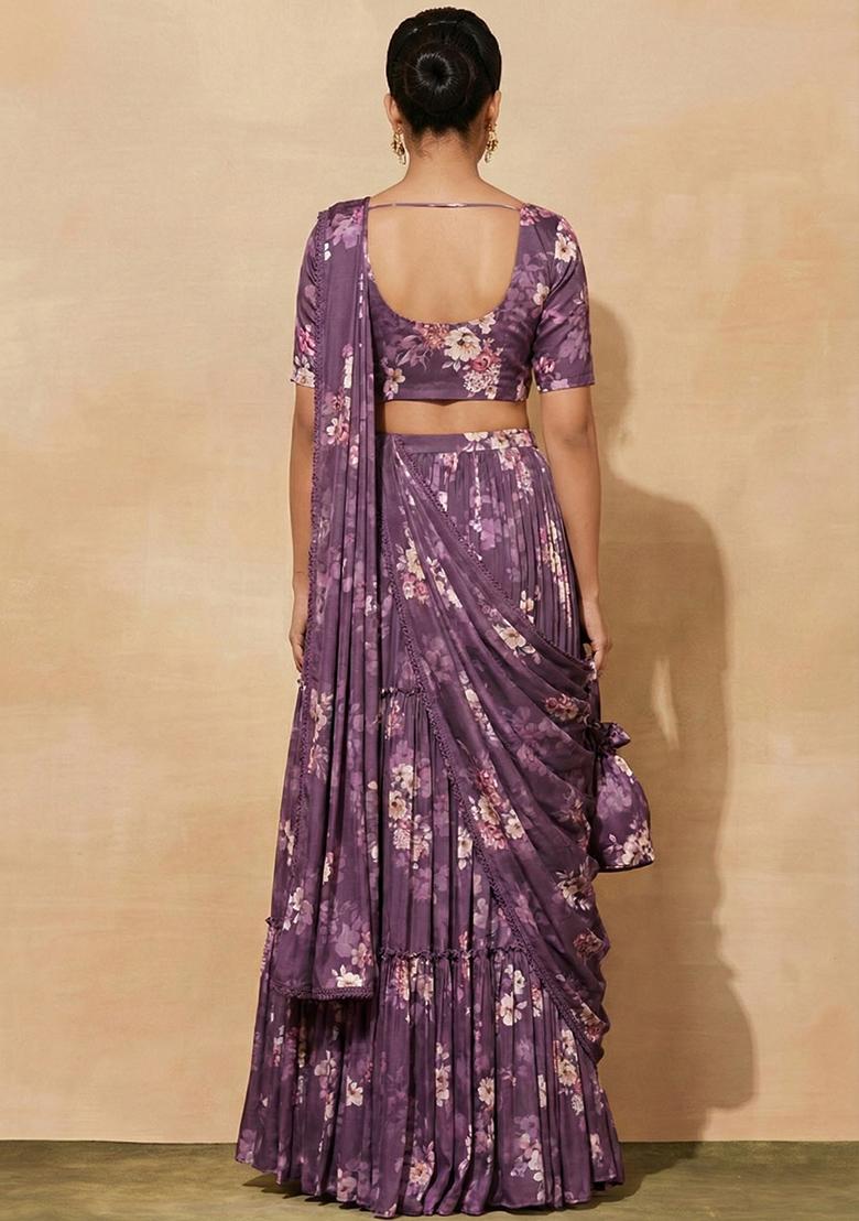 Purple Floral Print Satin Pre Draped Saree Set - Indya