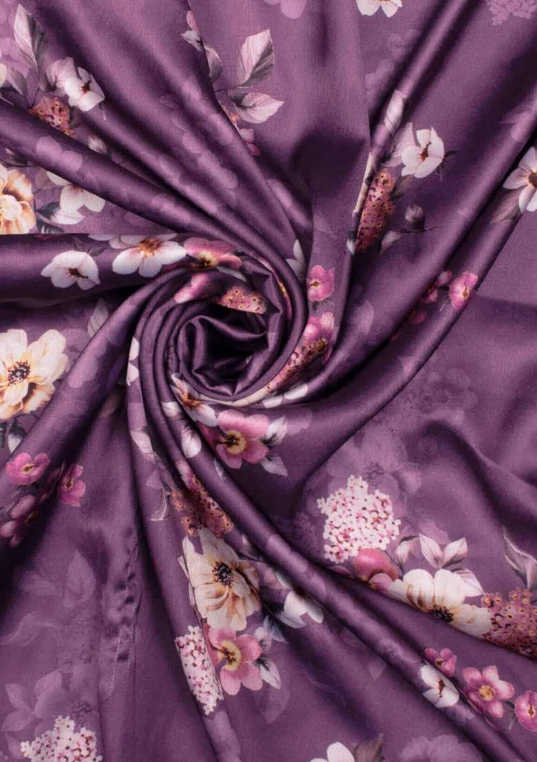 Purple Floral Print Satin Pre Draped Saree Set - Indya