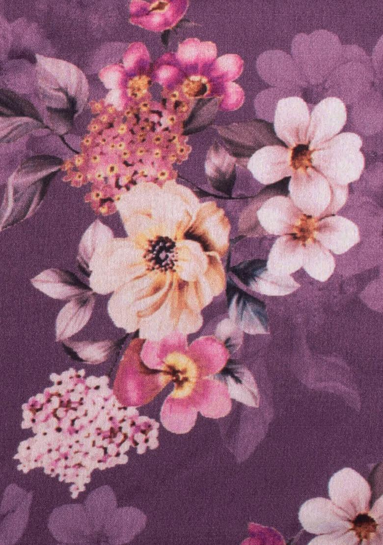 Purple Floral Print Satin Pre Draped Saree Set - Indya