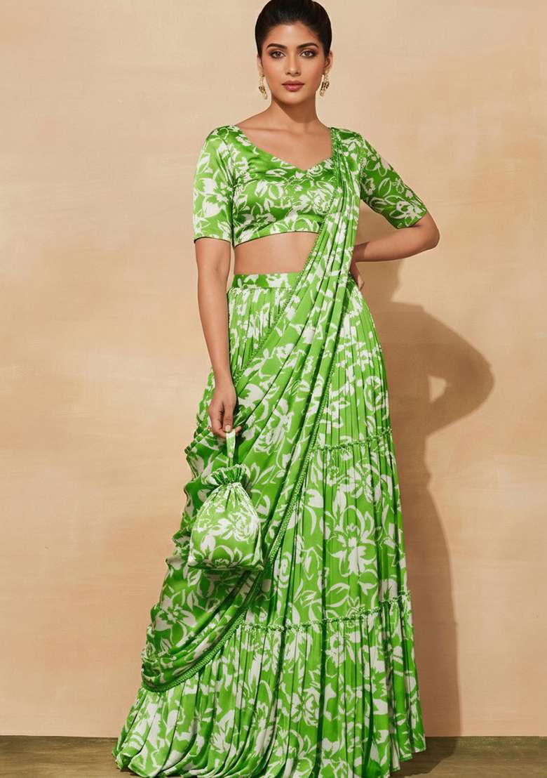 Green Floral Print Satin Pre Draped Saree Set - Indya