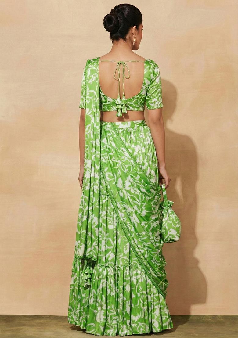 Green Floral Print Satin Pre Draped Saree Set - Indya
