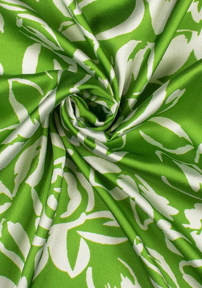 Green Floral Print Satin Pre Draped Saree Set - Indya